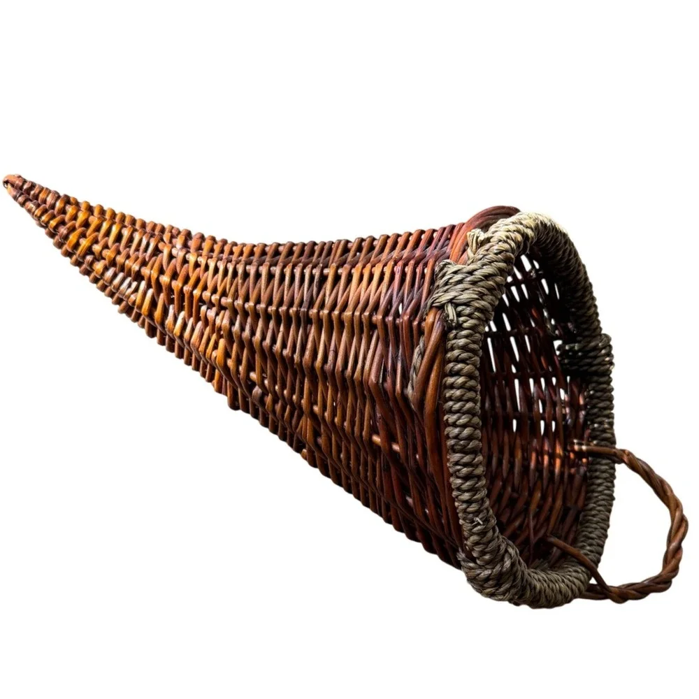 Vintage Woven Wicker Cornucopia Basket Brown Horn of Plenty Thanksgiving Decor